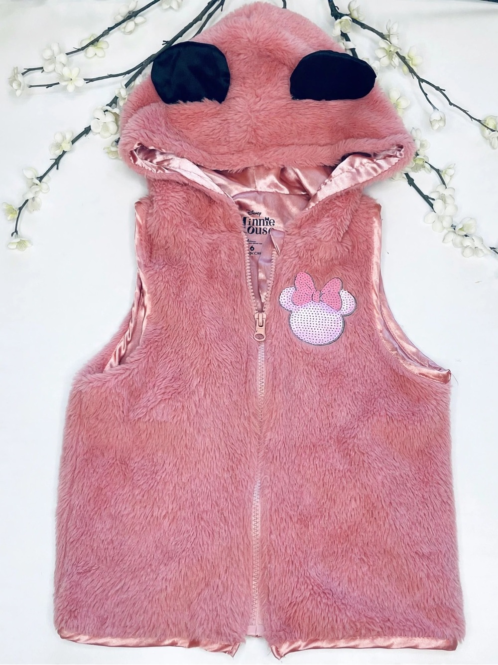 Disney Pink Faux-Fur Minnie Hooded Vest with Black Ear Accents